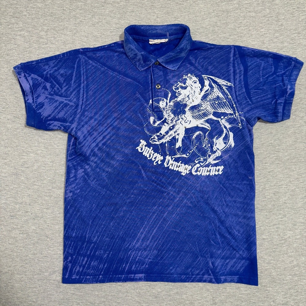 Bulzeye Vintage Couture Acid Wash Rhinestone Winged‎ Lion Polo Shirt Blue Sz S